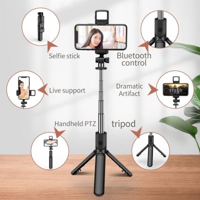  ЧЕРЕН ПЕТЪК!!! Selfie stick tripod със светкавица и блутут дистанционно 104cm Q02s