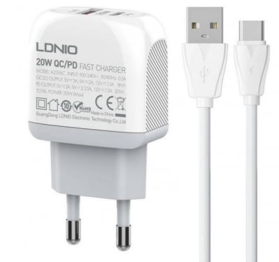 20W LDNIO A2316C С 2 изх. USB+USB-C с кабел USB към Type-C