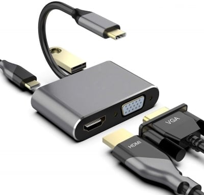 4в1 HDMI, VGA, USB 3.0, USB-C PD 87W Hub към Type-C