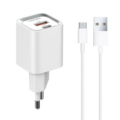 20W LDNIO A2318C С 2 изх. USB+USB-C с кабел USB към USB-C компактно