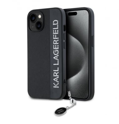 7965 Karl Lagerfeld iPhone 15 Back cover case - Saffiano rhinestones and charm - BlackBack cover case- Black