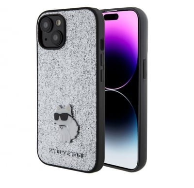 5277 Karl Lagerfeld iPhone 15 Back cover case - FIXED GLITTER C LOGO METAL PIN - SilverBack cover case-White