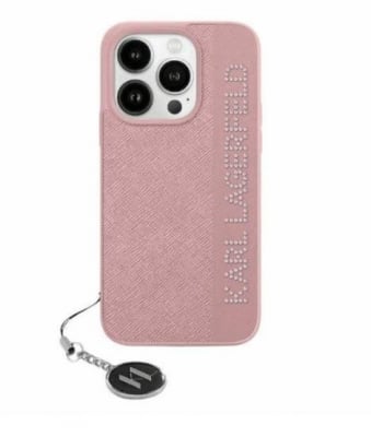 8122 Karl Lagerfeld iPhone 15 Pro Back cover case - Saffiano rhinestones and charm - PinkBack cover case-Pink