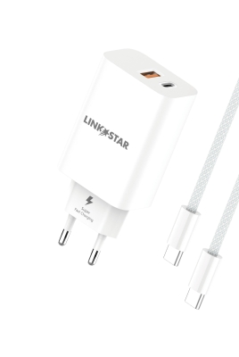 L✮Star 45W 2в1 LS56 2изх. PD(25W)+QC3.0(20W)+кабел USB-C към USB-C - Бял