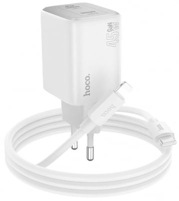 HOCO “N42 Elogiado” Зарядно GaN двоен USB-C PD45W TYPE-C към TYPE-C - Бял