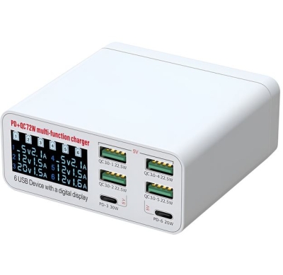 WLX-896C PD+QC Зарядна станция за 6 устройства с дисплей, многопортово зарядно устройство с бързо зареждане, 4×USB QC3.0 и 2×Type-C PD, 72W