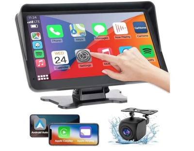Преносим 7\" безжичен CarPlay и Android Auto екран C690 за автомобил – тъчскрийн с Bluetooth, GPS, камера за заден ход, AUX и FM трансмитер