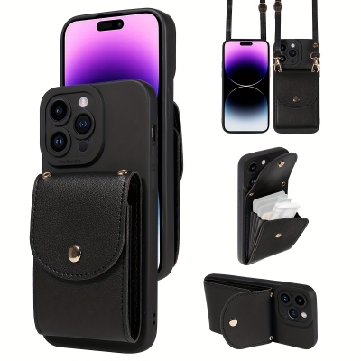 TP-110 Луксозен Кейс за iPhone 13 Pro с връзка и портфейл - Черен