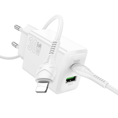 HOCO N71 PD30W + USB QC3.0 зарядно+ кабел Type-C към Lightning - Бял