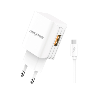 (НАРУШЕНА ОПАКОВКА) LINK★STAR TC-9 3.0A Бързозаряден USB Адаптер 220V с Type-C кабел - Бял