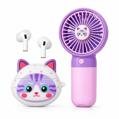 Безжични Bluetooth слушалки (ЛИЛАВ) TWS-67 3 в 1 Cute Set с мини вентилатор и декоративен кейс