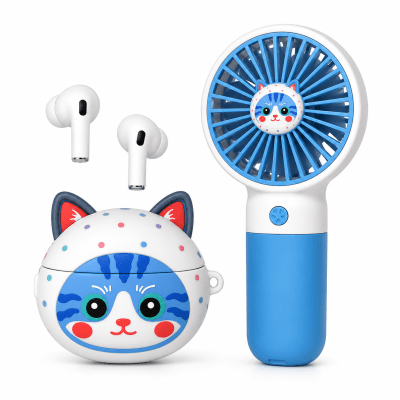 Безжични Bluetooth слушалки (СИН) TWS-67 3 в 1 Cute Set с мини вентилатор и декоративен кейс