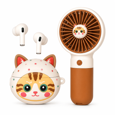 Безжични Bluetooth слушалки (КАФЯВ) TWS-67 3 в 1 Cute Set с мини вентилатор и декоративен кейс