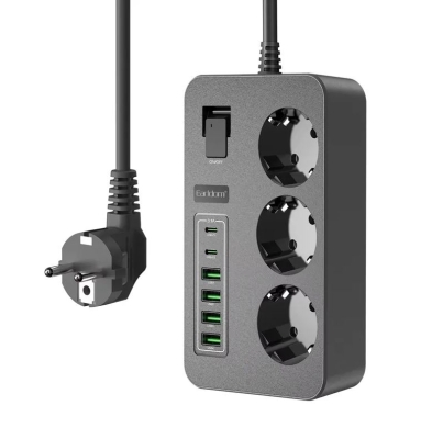 Разклонител Earldom ES-SC14 – 3 контакта, 4×USB-A, 2×USB-C, 3000W, 16A, кабел 2 м