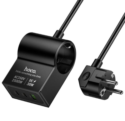 Разклонител HOCO AC33 – 1 контакт, 2×USB-C, 1×USB-A, PD 30W, 2500W, кабел 1.5 м