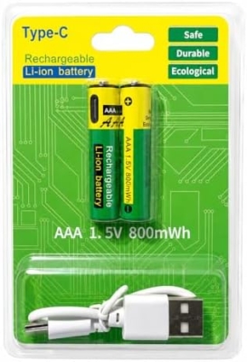 2БР. AAA литиеви батерии зареждащи се с USB-C кабел 800mWh 1.5 V литиево-йонна батерия