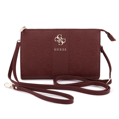 9494 GUESS PHONE POUCH PEONY PU W/4G & CLASSIC LOGOS STRIPE BURGUNDY