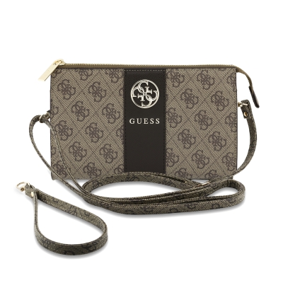 9594 GUESS PHONE POUCH 4G PU W/ROUND 4G & CLASSIC LOGOS STRIPE BROWN