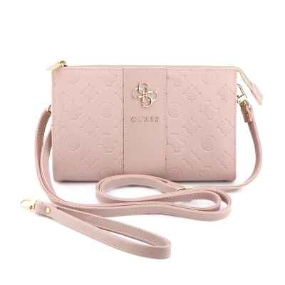 9624 GUESS PHONE POUCH PEONY PU W/4G & CLASSIC LOGOS STRIPE PINK
