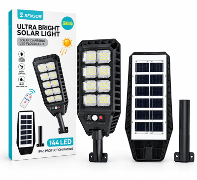144 LED Лампа за улично осветление със соларен панел и датчик за движение 200W