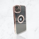 Безцветен кейс+камера DM1 с камъни за iPhone 14 - Розов