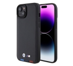 4418 BMW iPhone 15 & 14 Plus естествена кожа заден капак - трицветен печат - черен