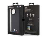 4418 BMW iPhone 15 & 14 Plus естествена кожа заден капак - трицветен печат - черен