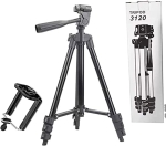 TRIPOD 3120A – Алуминиев преносим и сгъваем статив с регулируема височина и държач за телефон, 105 см