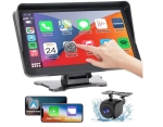 Преносим 7\" безжичен CarPlay и Android Auto екран C690 за автомобил – тъчскрийн с Bluetooth, GPS, камера за заден ход, AUX и FM трансмитер