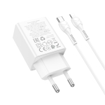 HOCO N71 PD30W + USB QC3.0 зарядно+ кабел Type-C към Lightning - Бял