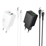 HOCO N71 PD30W + USB QC3.0 зарядно+ кабел Type-C към Type-C - Бял