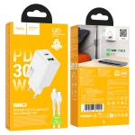 HOCO N71 PD30W + USB QC3.0 зарядно+ кабел Type-C към Type-C - Бял