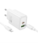 HOCO N63 Зарядно GaN USB USB-C PD30W TYPE-C към Lightning- Бял
