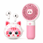 Безжични Bluetooth слушалки (РОЗОВ) TWS-67 3 в 1 Cute Set с мини вентилатор и декоративен кейс