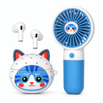 Безжични Bluetooth слушалки (СИН) TWS-67 3 в 1 Cute Set с мини вентилатор и декоративен кейс