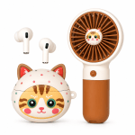 Безжични Bluetooth слушалки (КАФЯВ) TWS-67 3 в 1 Cute Set с мини вентилатор и декоративен кейс