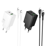 (НАРУШЕНА ОПАКОВКА) HOCO N71 PD30W + USB QC3.0 зарядно+ кабел Type-C към Lightning - Бял
