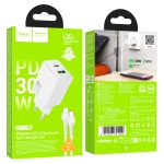 (НАРУШЕНА ОПАКОВКА) HOCO N71 PD30W + USB QC3.0 зарядно+ кабел Type-C към Lightning - Бял